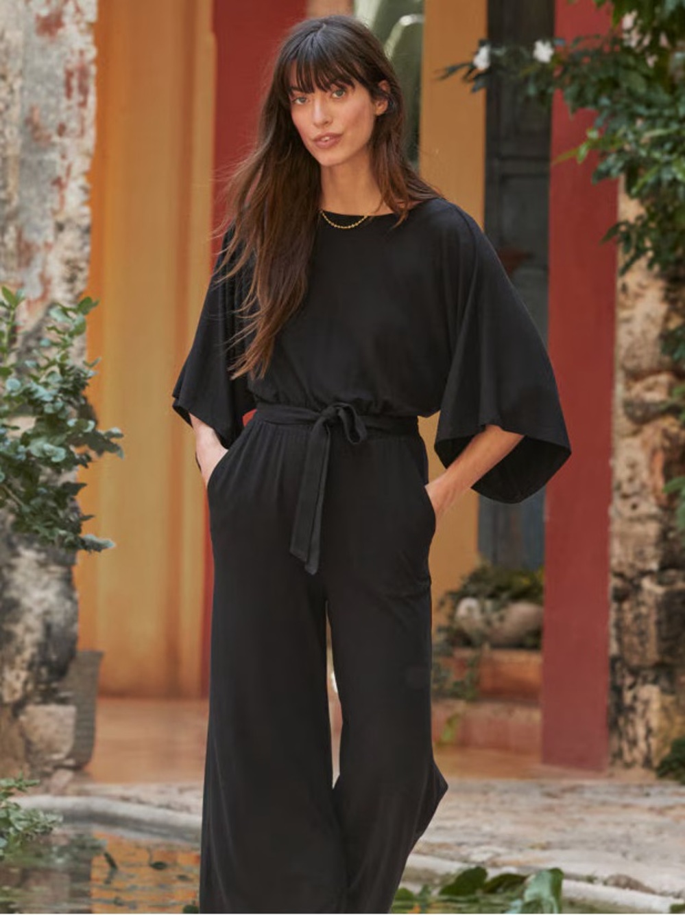 Garnet Hill Women’s Black Wide-Leg Jumpsuit with Elastic Waist NO BELT